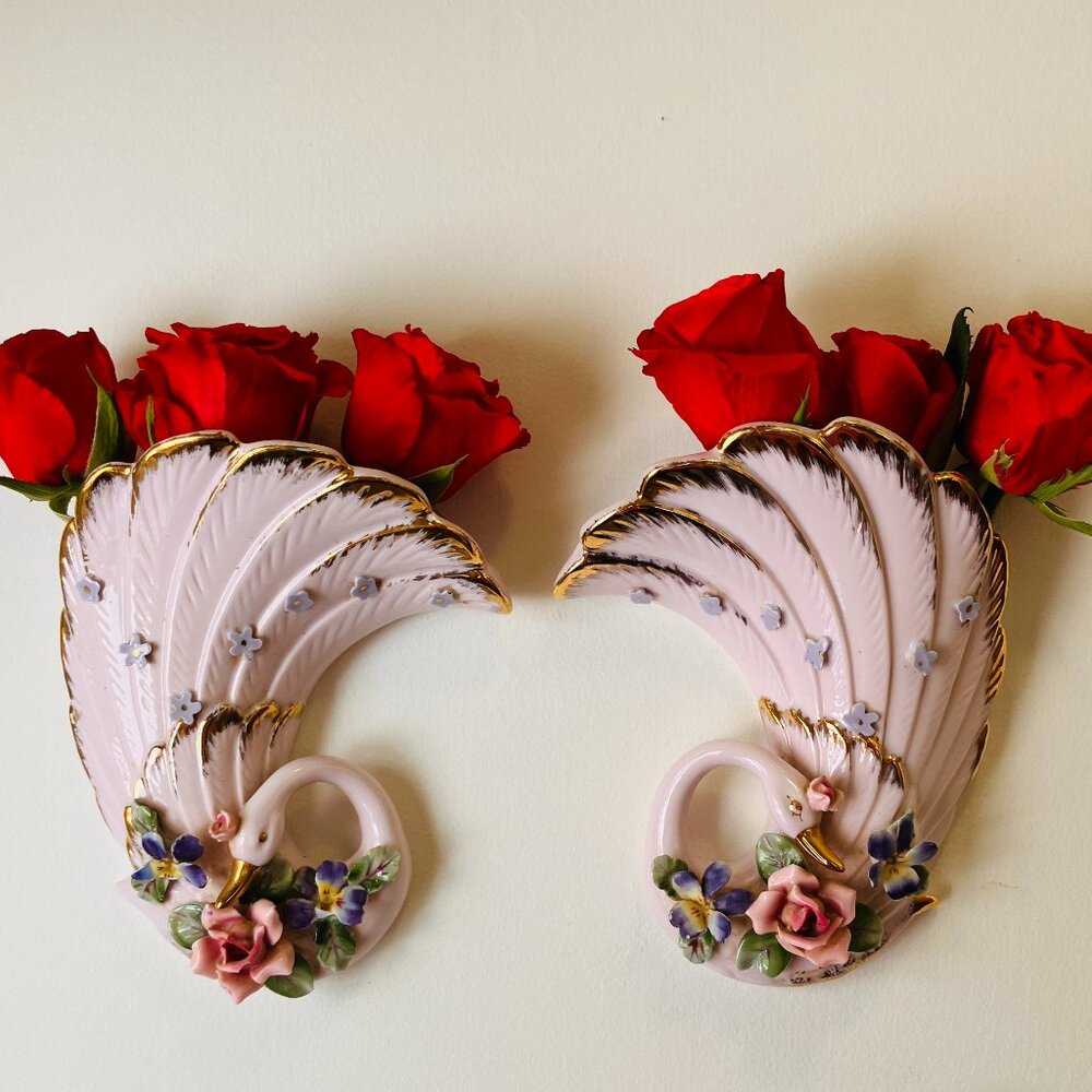Vintage L'Amour China Pair of Pink Swan Wall Vases